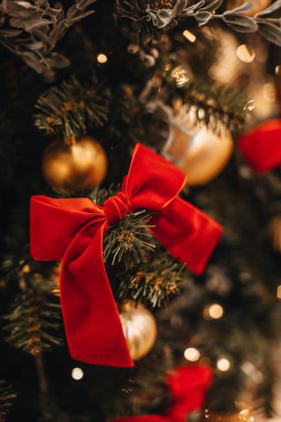 красный бархатный бант, висящий на елке. красивый рождественский декор. зимний праздник и концепция нового года. - bow christmas red velvet стоковые фото и изображения