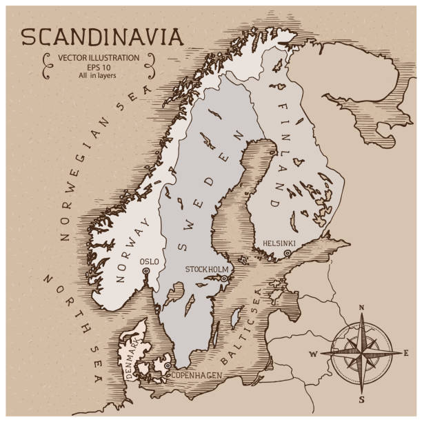 illustrazioni stock, clip art, cartoni animati e icone di tendenza di mappa vintage della scandinavia. - map of norway