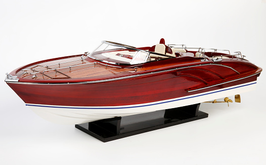 Wooden motorized speedboat vintage, miniature