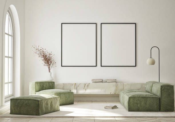 istock mock up poster frame in modern interior background, living room, Scandinavian style, 3D render, 3D illustration 1356332724
