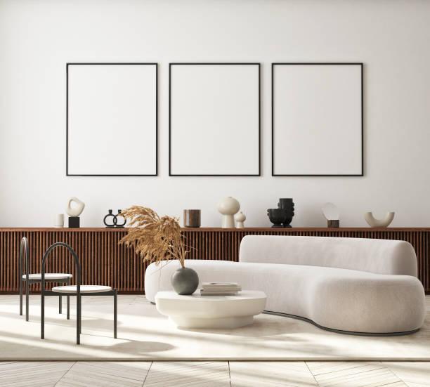 istock mock up poster frame in modern interior background, living room, Scandinavian style, 3D render, 3D illustration 1356332741