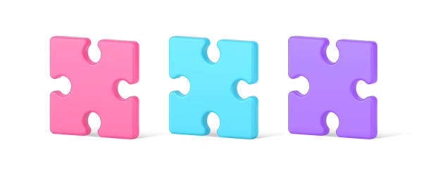 ustaw izometryczny jasny element układanki do tworzenia burzy mózgów lub znajdowania ikony 3d choroby - jigsaw piece three dimensional three dimensional shape jigsaw puzzle stock illustrations