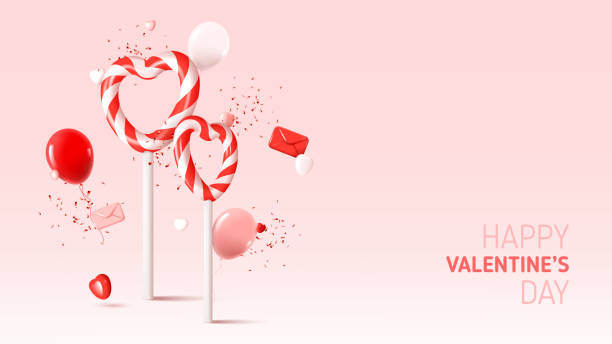 Happy Valentine's Day greeting banner Happy Valentine's Day greeting banner. Vector illustration with abstract composition for Valentine's Day . Holiday decoration design with 3d symbols and elements. Holiday card. pink envelope stock illustrations