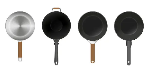 Vector illustration of set of realistic aluminium flat frying pan or frying pan kitchen utensil or  stainless steel flat cooking pan
