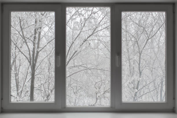 istock Window with winter view of snowy background. 1356334315