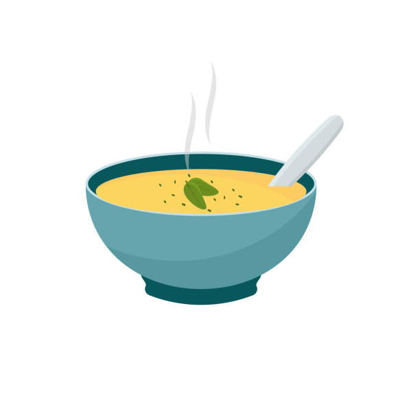 illustrazioni stock, clip art, cartoni animati e icone di tendenza di zuppa di verdure calda. ciotole con zuppa isolata su fondo bianco - soup