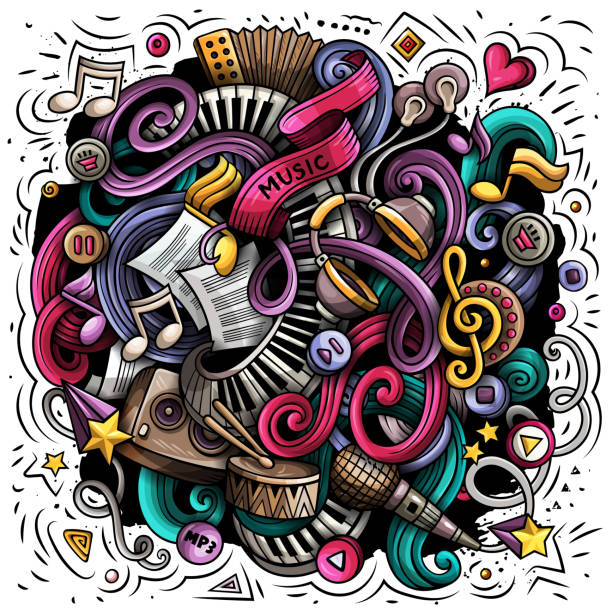 illustrazioni stock, clip art, cartoni animati e icone di tendenza di illustrazione di doodle vettoriali disegnati a mano. design di poster musicali - drum dance music arts and entertainment