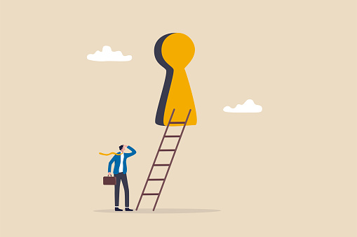 Business opportunity or ladder of success, challenge ahead for career development and personal improvement, motivation and inspiration concept, businessman climbing up ladder through secret keyhole.