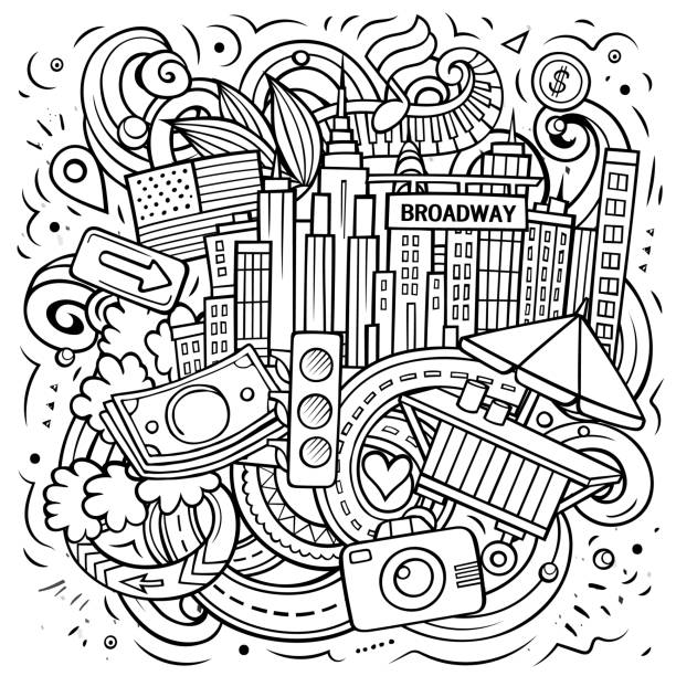 nowojorska kreskówka wektorowa ilustracja doodle - brooklyn bridge taxi new york city brooklyn stock illustrations