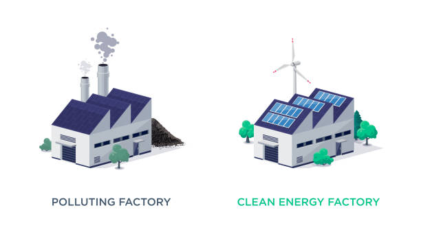 czysty odnawialny wiatr słoneczny i paliwa kopalne brudne fabryki zanieczyszczeń - chimney fuel and power generation coal fossil fuel stock illustrations