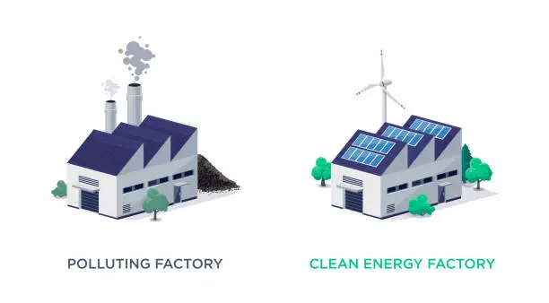 Vector illustration of Clean Renewable Solar Wind and Fossil Fuel Dirty Polluting Factories