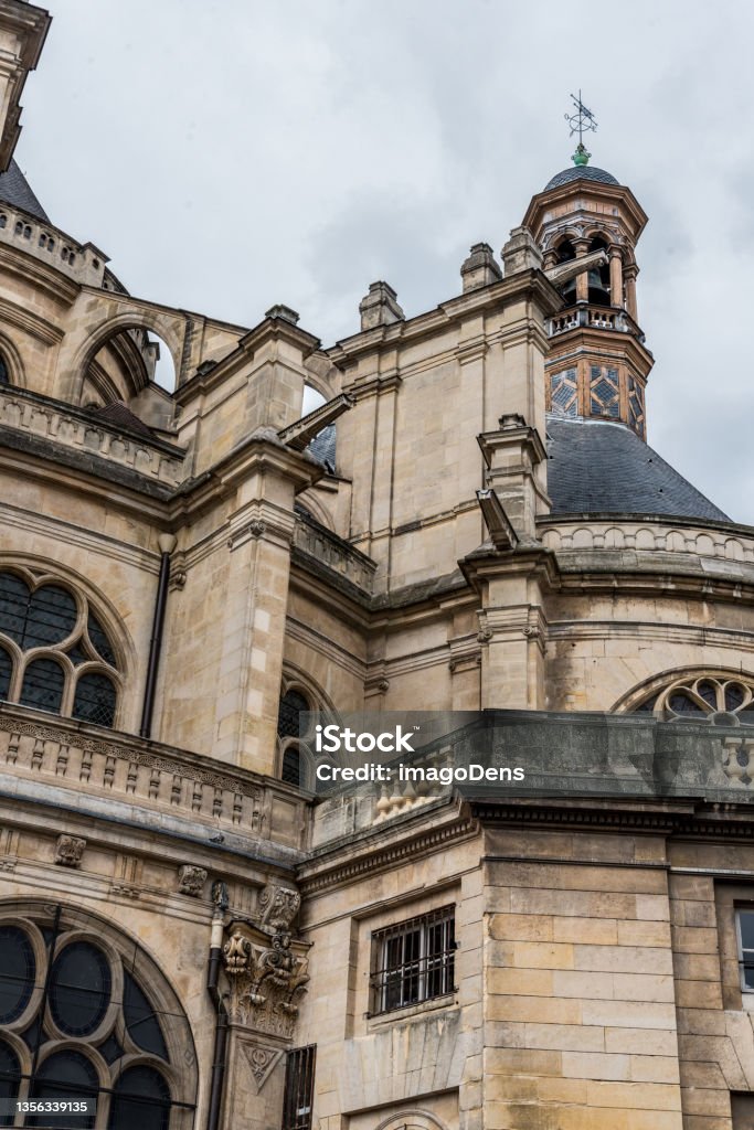 Detail of the buttresses of the gothic church Saint Eustache in Paris Detail of the buttresses of the gothic church Saint Eustache in Paris, France Facade Stock Photo