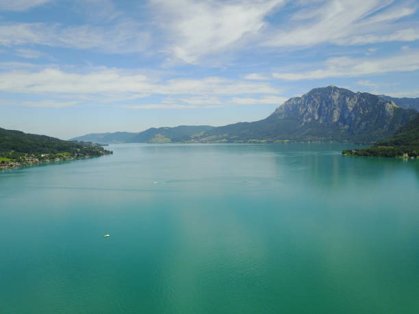 Drone view on lake Attersee in Upper Austria Austria Picture shows a drone view on lake Attersee in Upper Austria Austria attersee stock pictures, royalty-free photos & images