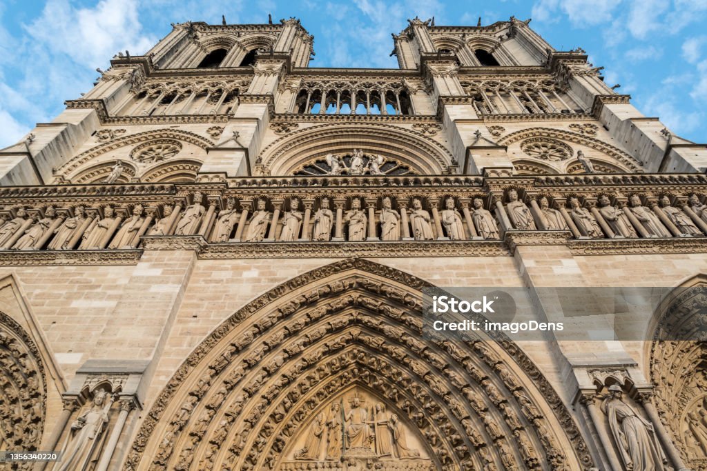Beautiful portal of the famous Notre Dame Cathedral in Paris before the fire Beautiful portal of the famous Notre Dame Cathedral in Paris before the fire, France Antique Stock Photo