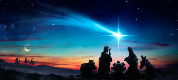 nativity of jesus - scene with holy family under comet star - kerststal stockfoto's en -beelden