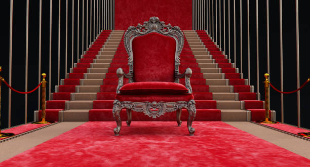 trône royal rouge avec escalier sur le fond, trône vide dans la salle du palais avec barrières - throne photos et images de collection