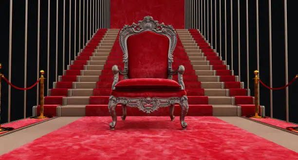 3D render of red royal throne with stair on the background, empty throne in palace hall with barrieres