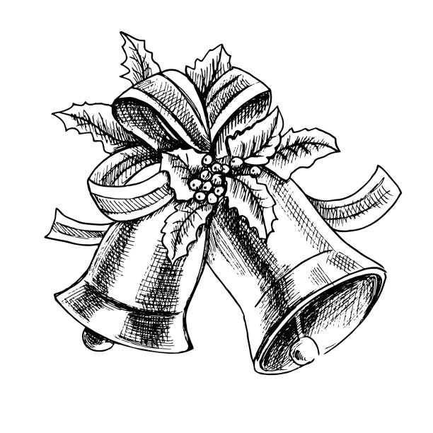 handgezeichnete weihnachtsglocken mit band, blättern und beeren isoliert auf weißem grund. schöne vektor handgezeichnete weihnachtsglocke illustration. vintage-skizzenelement für etikettendesign. - schlittenglocke stock-grafiken, -clipart, -cartoons und -symbole