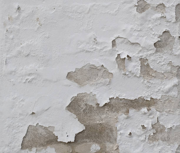 古い壁に白いペンキを剥がす背景。灰色の石膏で作られた古い壁のテクスチャの背景。亀裂。スペースをコピーします。古い剥離石膏壁、崩れる。 - peeling paint wall white ストックフォトと画像