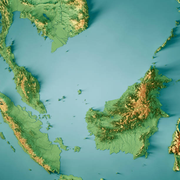 malesia 3d render colore mappa topografica - island of borneo foto e immagini stock