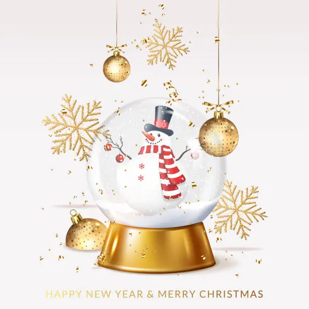 Vector illustration of Christmas and New Year greeting card with transparent crystal ball with snowman.