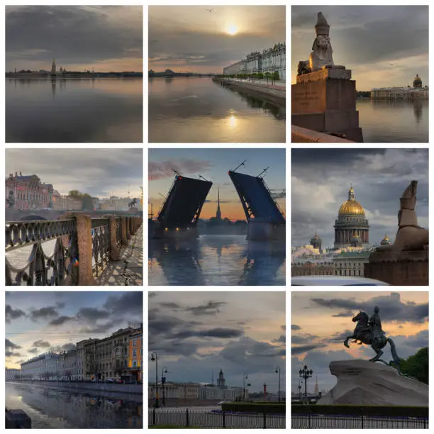 Collage with historical and artistic sights of St. Petersburg