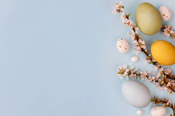 istock Happy Easter! Stylish easter eggs and cherry blossoms flat lay on blue background. Modern colorful natural dyed eggs, candy and white flowers border layout. Greeting card, space or text 1356346964