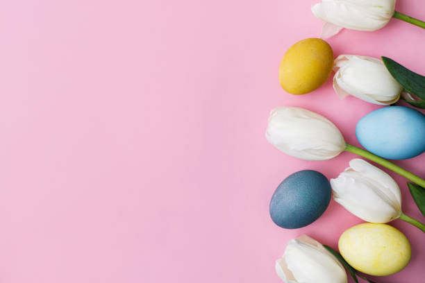 istock Easter eggs and tulips flat lay on pink background with space for text. Modern natural dyed easter eggs and white flowers border on pink. Greeting card template, beautiful easter background 1356347121