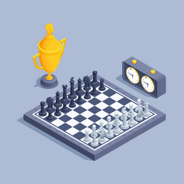 chess tournament isometric vector illustration on gray background, chessboard with figures and chronometer next to golden cup, tournament or championship three dimensional chess stock illustrations