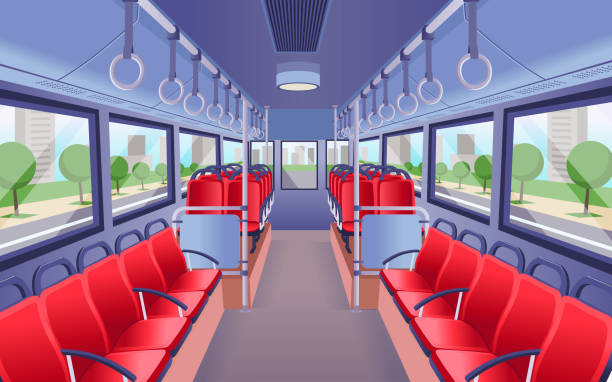 ilustrações de stock, clip art, desenhos animados e ícones de bus inside view. empty bus interior. vector illustration. - interior de transporte