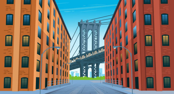 뉴욕 브루클린 맨해튼 브리지 전망. - new york city night brooklyn bridge skyline stock illustrations