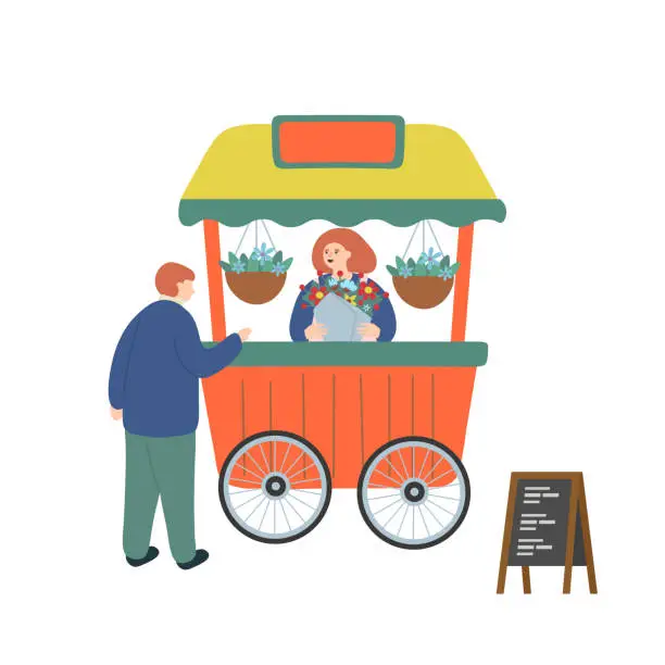 Vector illustration of Flower kiosk with seller on white background. Flat vector illustration.