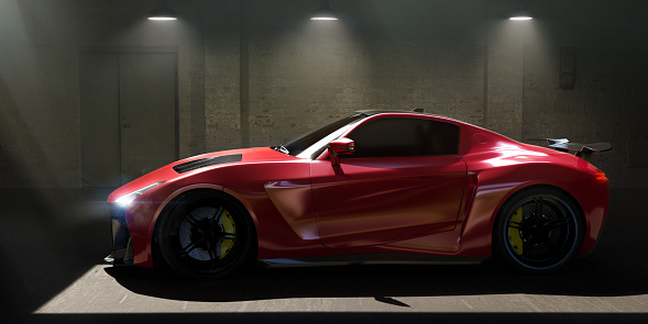 Side view of a sleek modern electric sports car parked in a garage illuminated by overhead lights and sky lights. With shafts of light from above illuminating a patch of floor around the car.