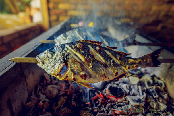Dorado skewered. charcoal cooked fish. fresh dorado fish grilled on charcoal