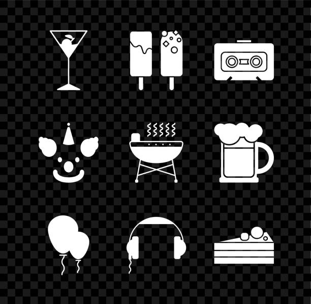 illustrazioni stock, clip art, cartoni animati e icone di tendenza di set bicchiere martini, gelato, audiocassetta retrò, palloncini con nastro, cuffie, torta, testa di clown e icona barbecue grill. vettore - dairy product audio