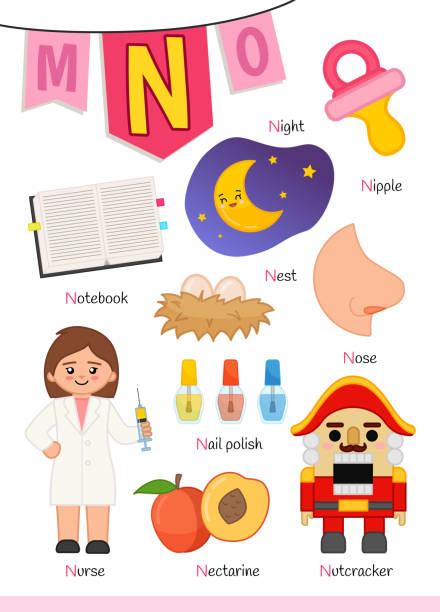 englisches alphabet mit cartoon niedliche kinderillustrationen. - letter n flash stock-grafiken, -clipart, -cartoons und -symbole