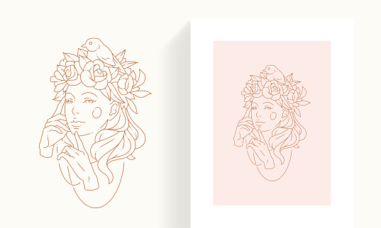 Line art woman portrait with blossom flower hairstyle bird touching face by hands artwork logo card set vector illustration. Elegant female blooming floral cosmetic skincare healthy young lady icon