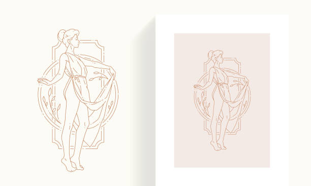 линия искусства женщина античная богиня позирует в греческом платье на абстрактной ботанической раме минималистской иконы - бог иллюстрации stock illustrations