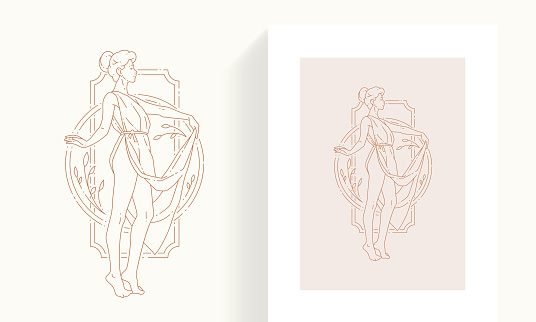 Line art woman antique goddess posing in Greek dress at abstract botanical frame minimalist icon card set vector illustration. Beautiful female body logo design isolated on white. Wellness and spa