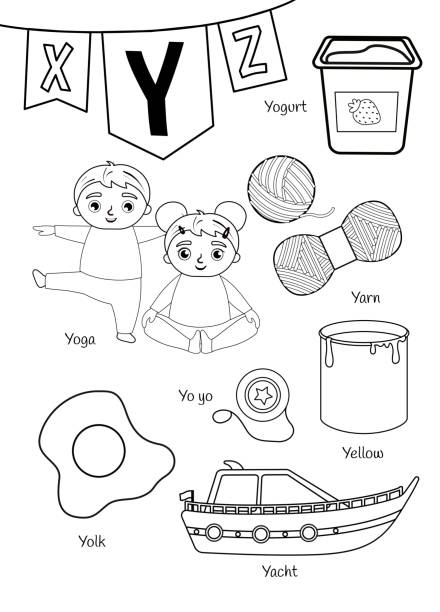 ilustraciones, imágenes clip art, dibujos animados e iconos de stock de alfabeto inglés con dibujos animados e ilustraciones para niños lindos. - yoga class flash