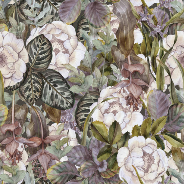 istock Tropical floral seamless pattern. Background with white roses, orchids and green exotic leaves 1356352985