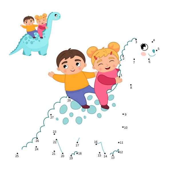 ilustraciones, imágenes clip art, dibujos animados e iconos de stock de juego educativo para niños. - drawn learn dinosaur