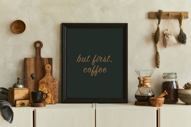 istock Stylish composition of modern kitchen interior design with mock up poster frames, beige sideboard and retro accessories. Template. Autumn vibes. 1356354023