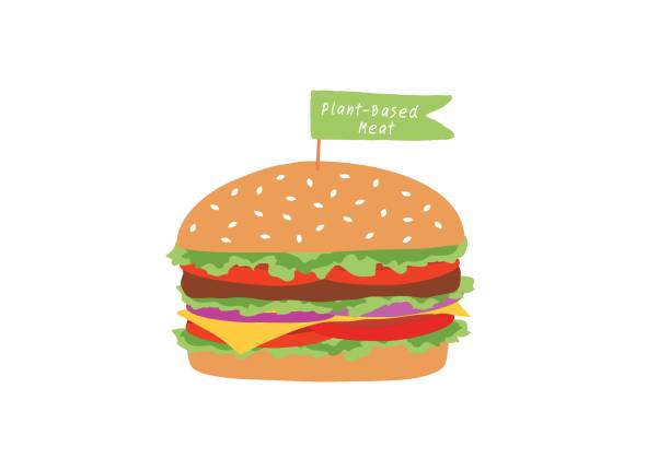 ilustraciones, imágenes clip art, dibujos animados e iconos de stock de ilustración vectorial a base de plantas más allá de la hamburguesa de carne. concepto vegetariano de estilo de vida vegano y saludable - hamburguesa vegetariana