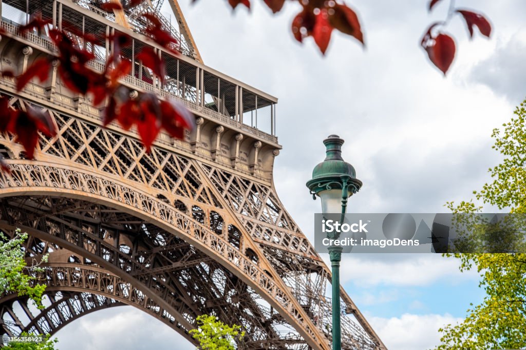 View of the Eiffel Tower in Summer, Paris View of the Eiffel Tower in Summer, Paris, France Close-up Stock Photo