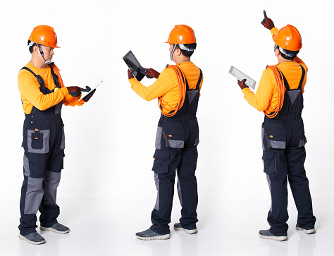 Senior Asian Man wear Orange uniform shirt hat and glove as electric fix repair guy with cable