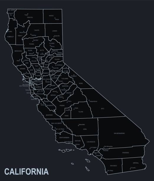 flache karte des bundesstaates kalifornien mit städten vor schwarzem hintergrund - california map counties county stock-grafiken, -clipart, -cartoons und -symbole