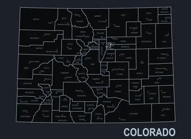 Vector illustration of Flat map of Colorado state with cities against black background