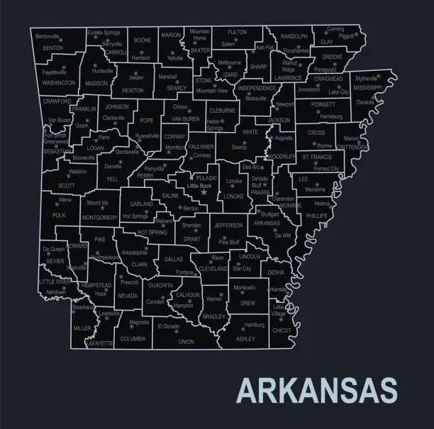 Vector illustration of Flat map of Arkansas state with cities against black background