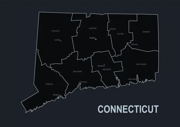 Vector illustration of Flat map of Connecticut state with cities against black background